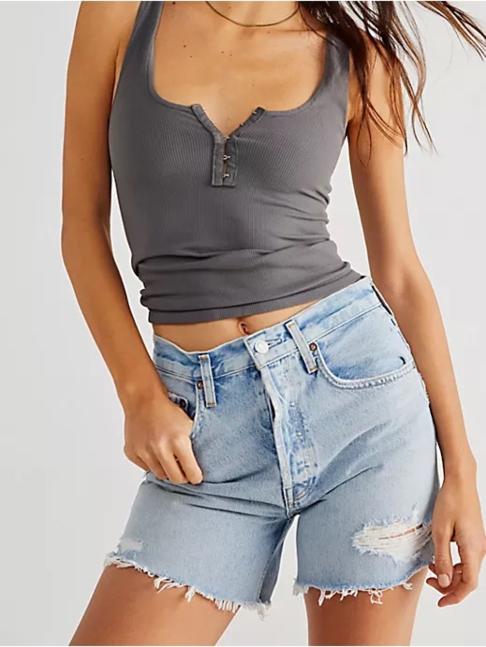 Agolde Classic Distressed High-Waist Denim Shorts - Light Blue